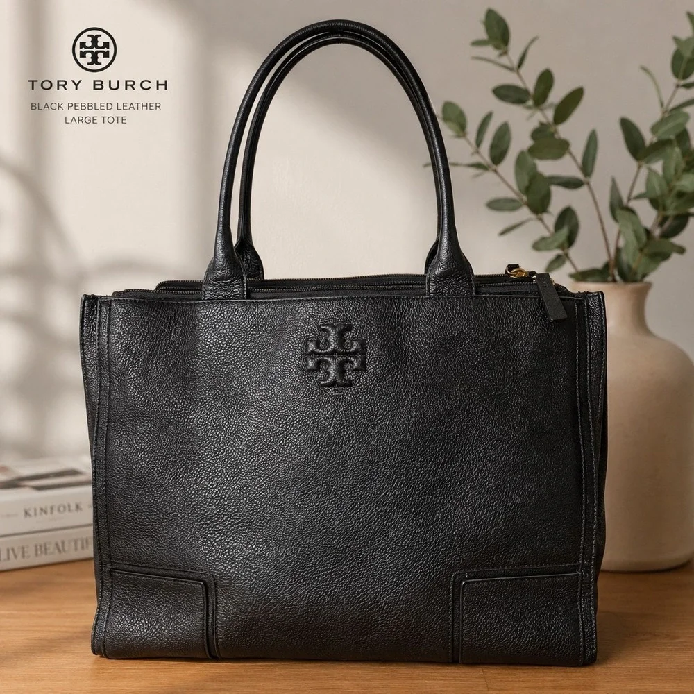 Tory Burch Black Pebbled Leather Large Tote Shoulder Bag Work Laptop Purse
